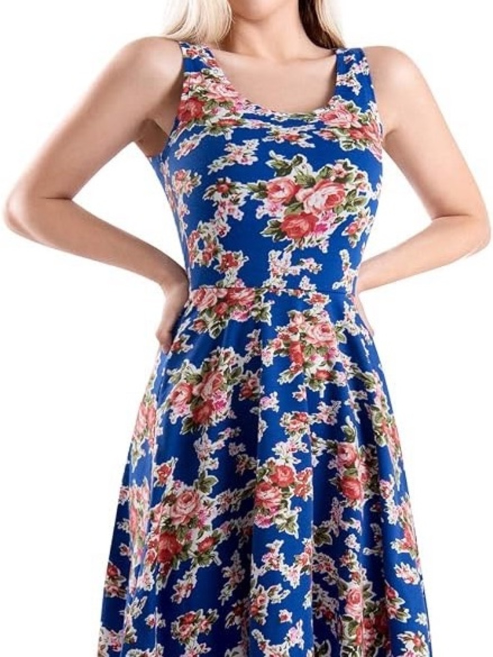 Tam Ware Blue Floral Casual Fit-and-Flare Dress with Pink Rose Print Womens Sz M